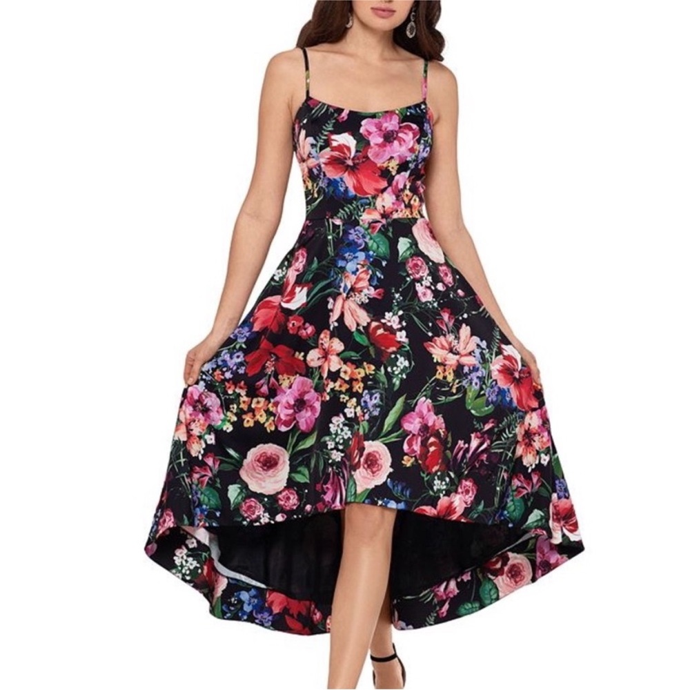 Xscape Black Floral High-Low Spaghetti Strap Dress